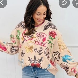 QUEEN OF SPARKLES Colorful Tattoo Print Sweater